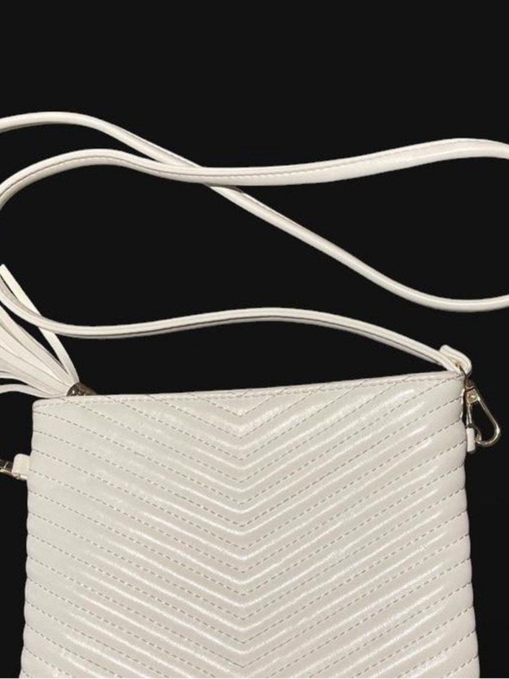 White Quilted Chevron Crossbody Bag with Tassel
